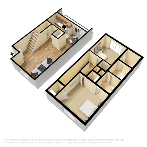 Floor plan for 2 beds, 1.5 baths, 835 sqft
